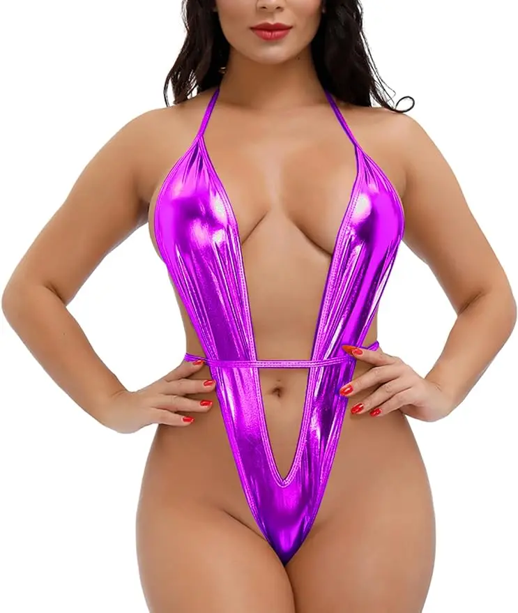 

Teddy Deep V Halter Lingerie Sleeveless Sling Tops Satin Bodysuit Corset Bodysuit Top with G-string Thongs Glossy Underwear