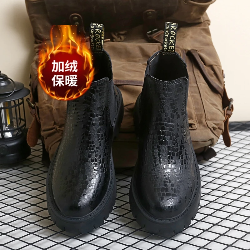 

Men Thick Soled Autumn Winter Business Casual High Top Boots Warm Comfortable Height Increasing Black Fashionable Low Top Boots