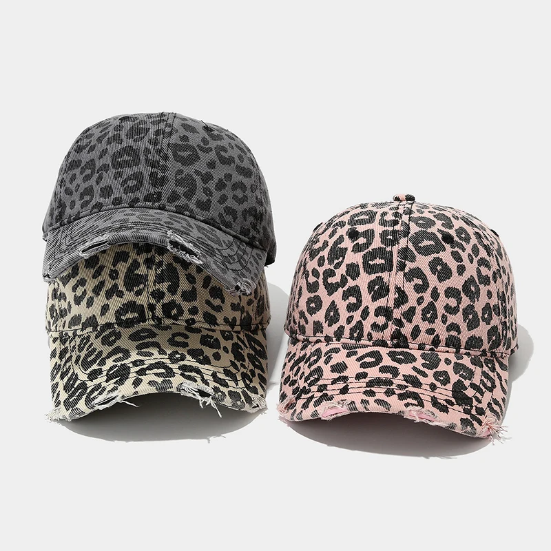 Leopard Print Baseball Cap for Women Men Distressed Washed Denim Dad Hat Adjustable Vintage Snapback Caps Sun Hats