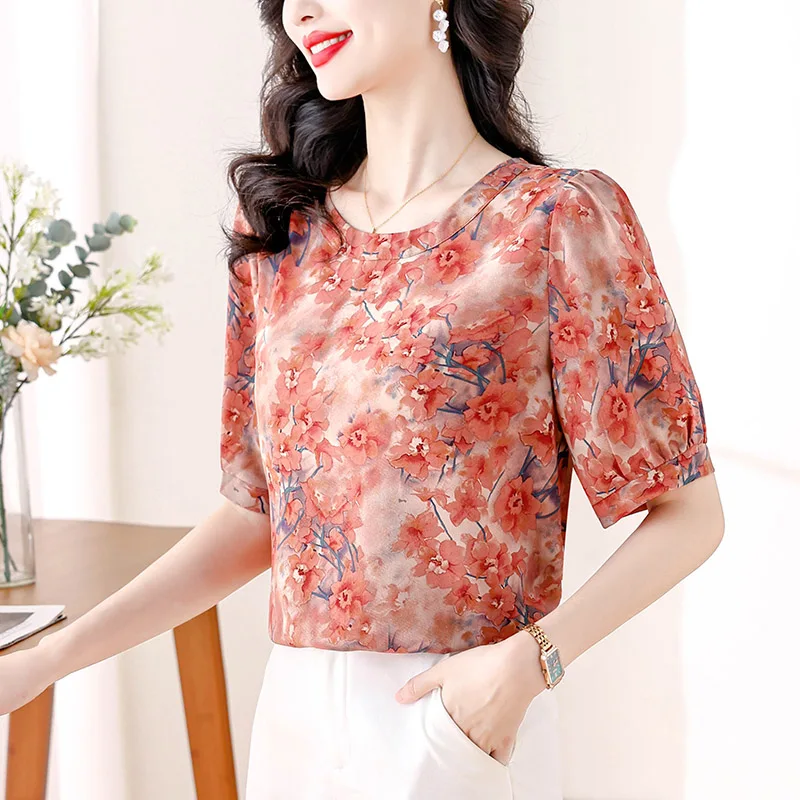 Women Clothing Fashion Fragmented Printing Chiffon Blouses Summer Elegant Chic O-neck Short Sleeve Shirts Office Lady Loose Tops