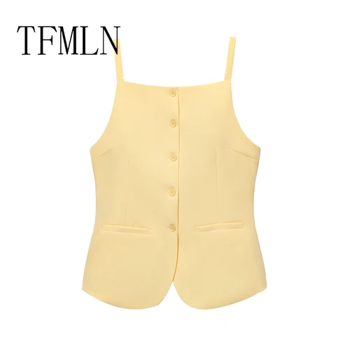 Imagen 2 del producto TFMLN Chic Casual mujeres sólido Tops 2025 chaleco sin mangas de un solo pecho moda Primavera Verano Tops