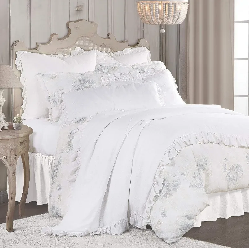 

3 Piece Super Queen Comforter Set, Washed Linen Blend Rose Garden Floral Bedding Set, Romantic Classic Ch