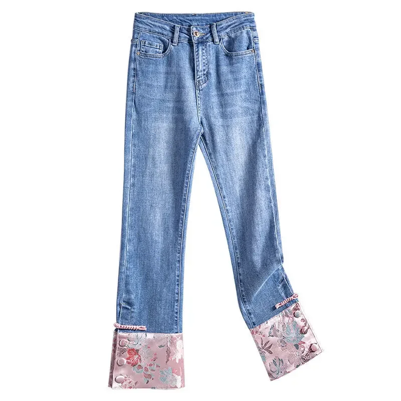 

Trousers Pipe Women's Jeans Cropped Blue Pants for Woman High Waist Shot and Capris Splicing Straight Leg Stretch R Baggy Unique