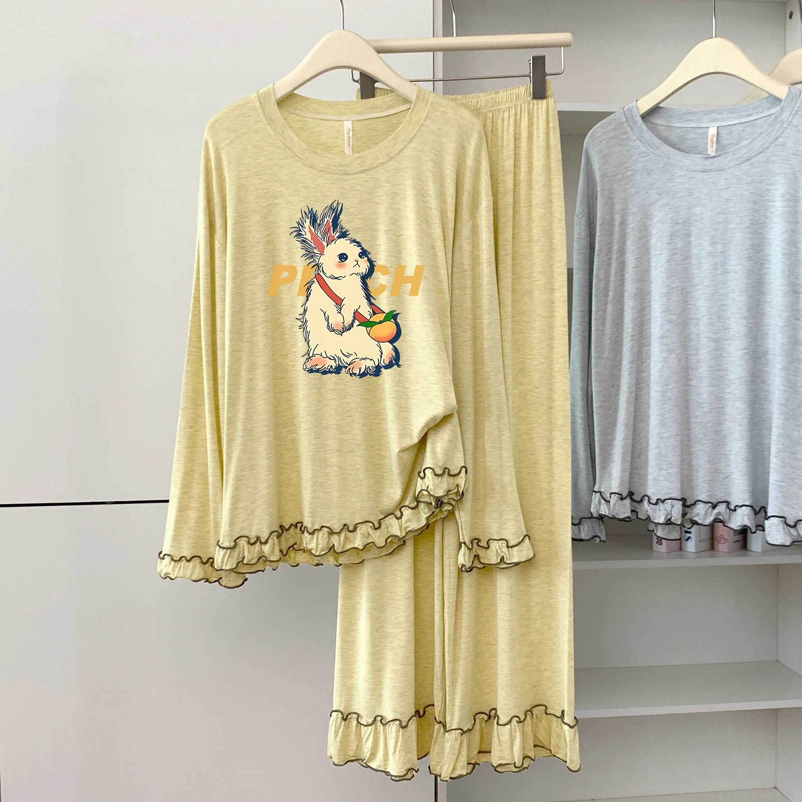 

5174-15 модальные хлопковые пижамы с круглым вырезом и длинными рукавами для женщин, весенне-осенние тонкие свободные мягкие удобные домашние одежды