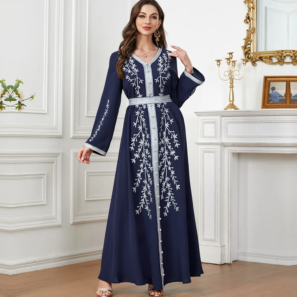 Robe brodée à manches longues du Moyen-Orient, jupe, vêtements arabes, adt