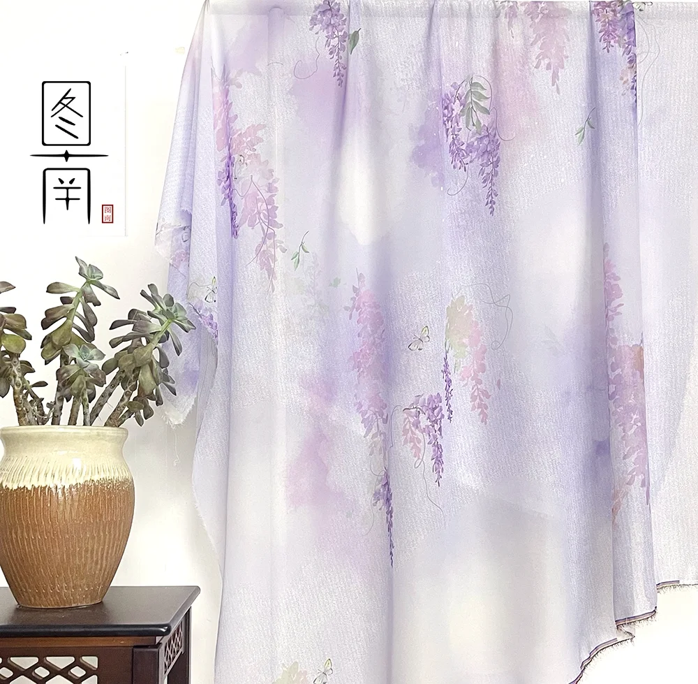 Designer Cloth Wisteria Flower Digital Printing Fabric Chiffon Hanfu Ancient Style Handmade Pleated Skirt Horse-Face Fabric