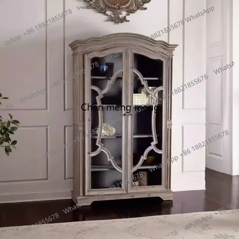 

American solid wood double door glass wine cabinet French restaurant retro engraved wall integrated dining side storage cabinet