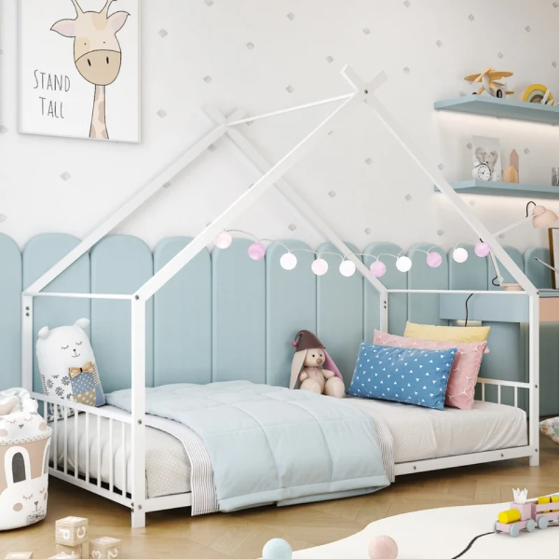 

Flat Bed House Shape with Side Guardrails Twin Children's Iron Bed Home Furniture Children Bed