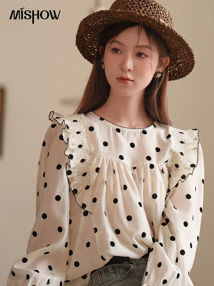 

MISHOW Polka Dot Blouses for Women Spring/Summer French RUFFLES Petal Sleeve Loose O Neck Pullover Sweet Tops MXC14X0013