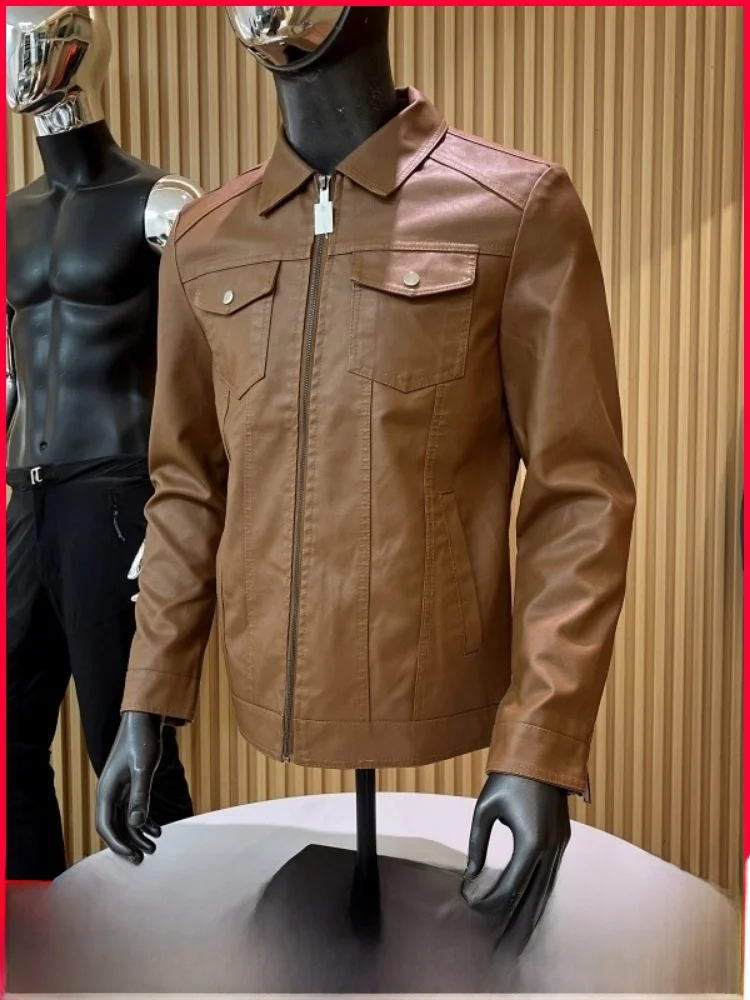 

Retro Men's Casual PU Leather Jaet Stand Fit Zipper Closure Long Sve Windproof Faux Leather irt for Autumn Youth