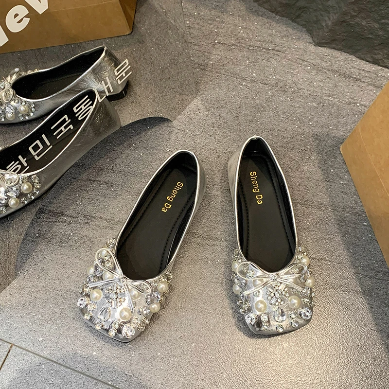Plus Size Rhinestone Gold Wedding Shoes Bridal Shoes Comfortable Flat Square Toe Shoes for Women