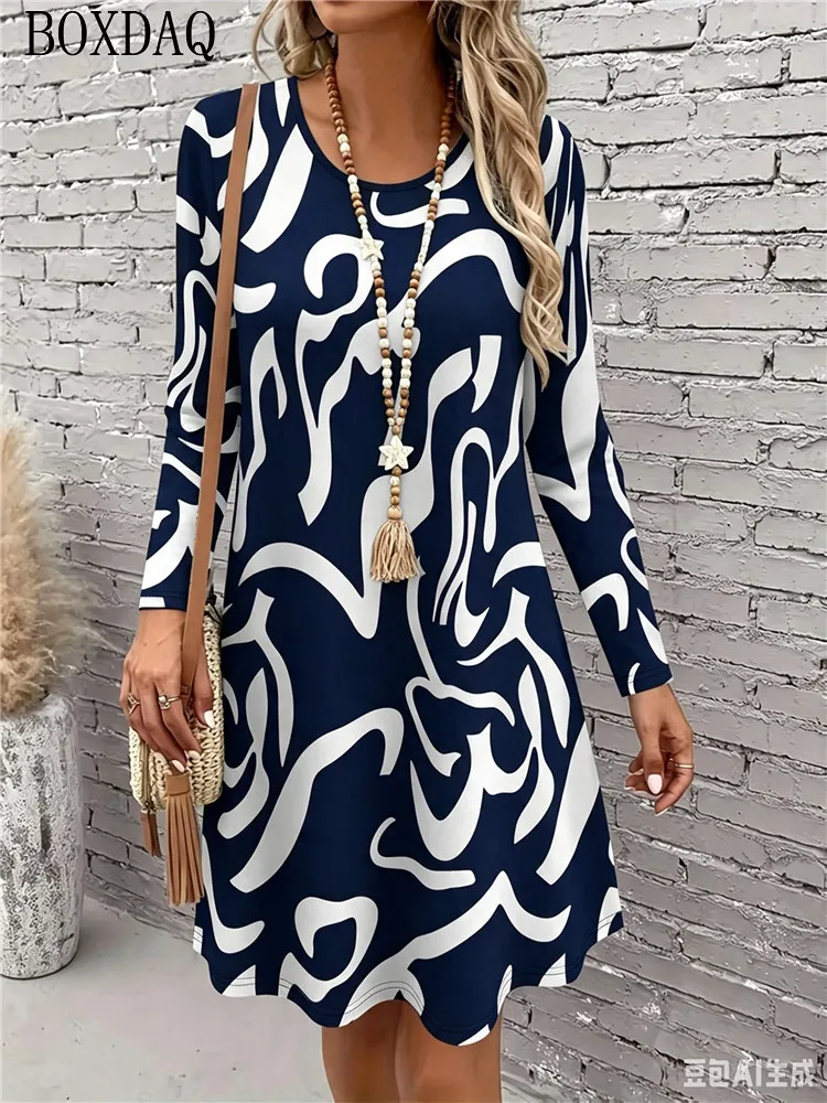 New Fashion Women's Autumn Dresses Long Sleeve Round Neck Abstract Pattern Printed Casual Loose Dress