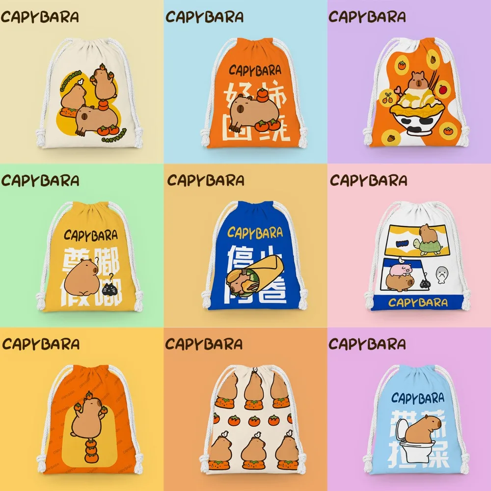 Casual Drawstring Bag Hot Canvas Drawstring Drawstring Pouch Cartoon Capybara Cosmetic Bag Organizer