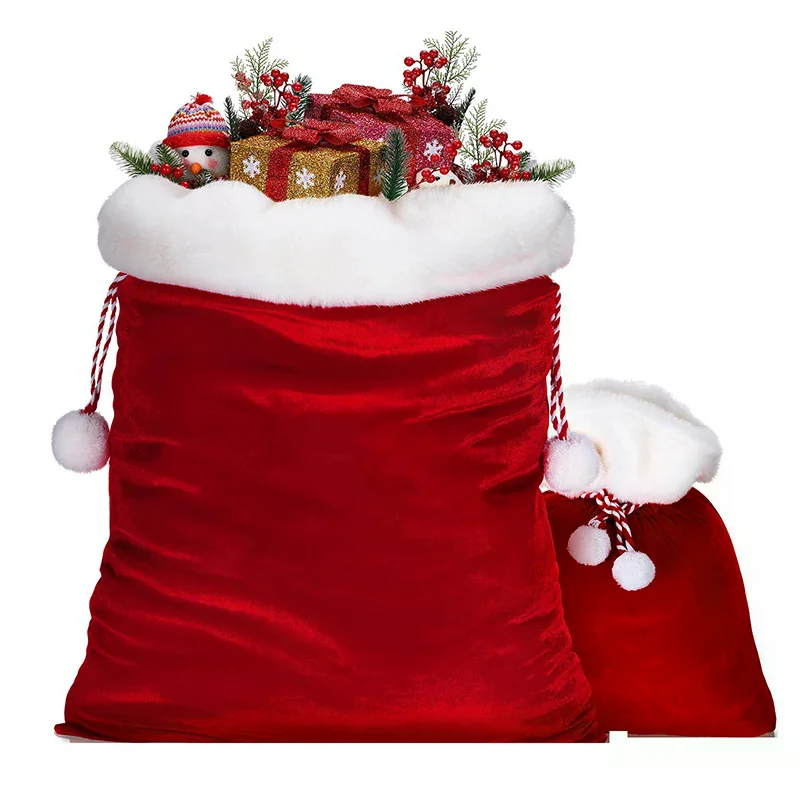 أفخم عيد الميلاد سانتا كيس الحبل الرباط مع بوم بوم للأطفال حقيبة هدايا عيد الميلاد الفاخرة عيد ميلاد سعيد #4