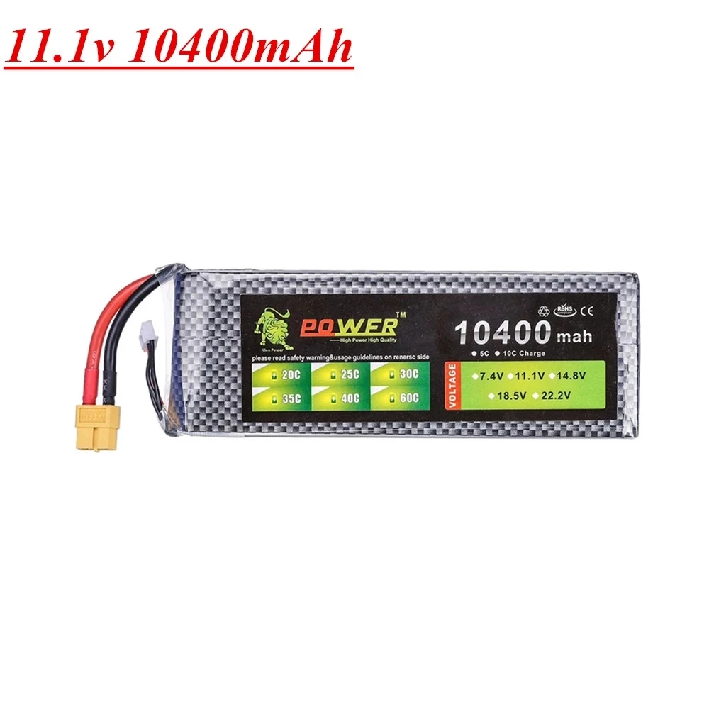 Ultra-high Capacity Lion Power 3S 11.1V 10400mAh Lipo Battery 30c to 40c T/XT60 Plug For Boat Car Quodcopter Parts