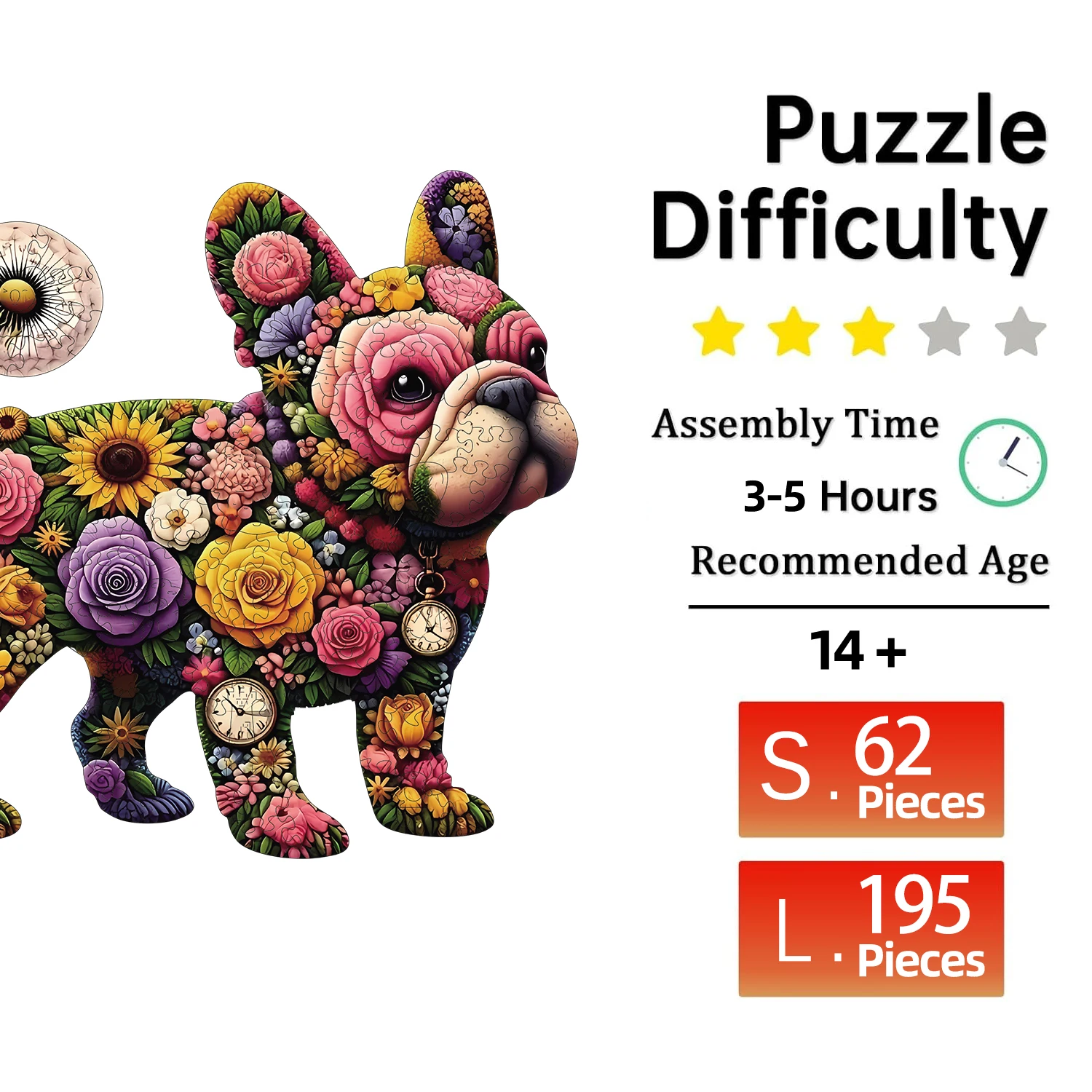 Holzpuzzle für Erwachsene, bunte Blumen-Bulldoggen-Puzzles, besondere Weihnachtsgeschenke für Freunde, Familie, moderne Kunst, Heimdekoration