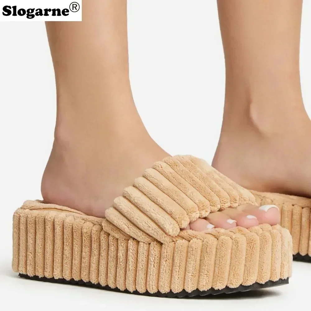 Women Platform Slippers 5cm Thick Sole Sandals Fashion Summer Slides Girls Fur Slippers Wedges Outdoor Wedges Autumn Slippers