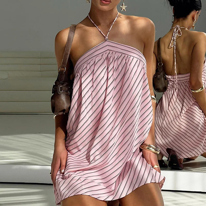 New Sexy Backless Lace Up Party Dresses Woman Chic Stripe Print Halter Mini Dress Summer Casual Sleeveless Hollow Out Boho Dress