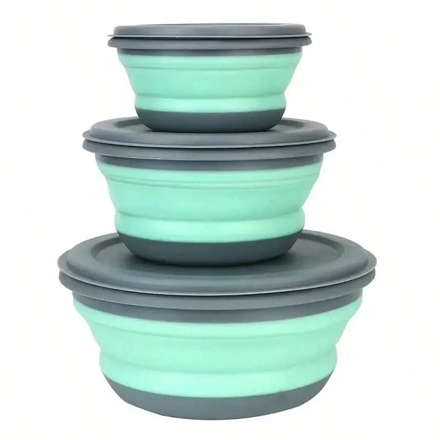 Cuenco plegable de silicona para acampar, fiambrera de ensalada, tapa de cuenco expandible, contenedor de almacenamiento de alimentos, caja Bento, Juego de 3 piezas