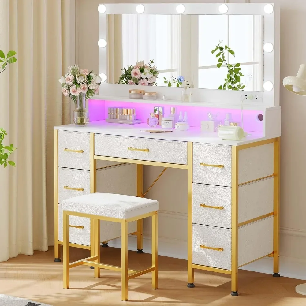 Vanity Desk with Mirror and Lights,7 Fabric Drawers, 9 LED Bulbs, Vanity Set with Power Outlets, RGB Strip Lights for Bedroom