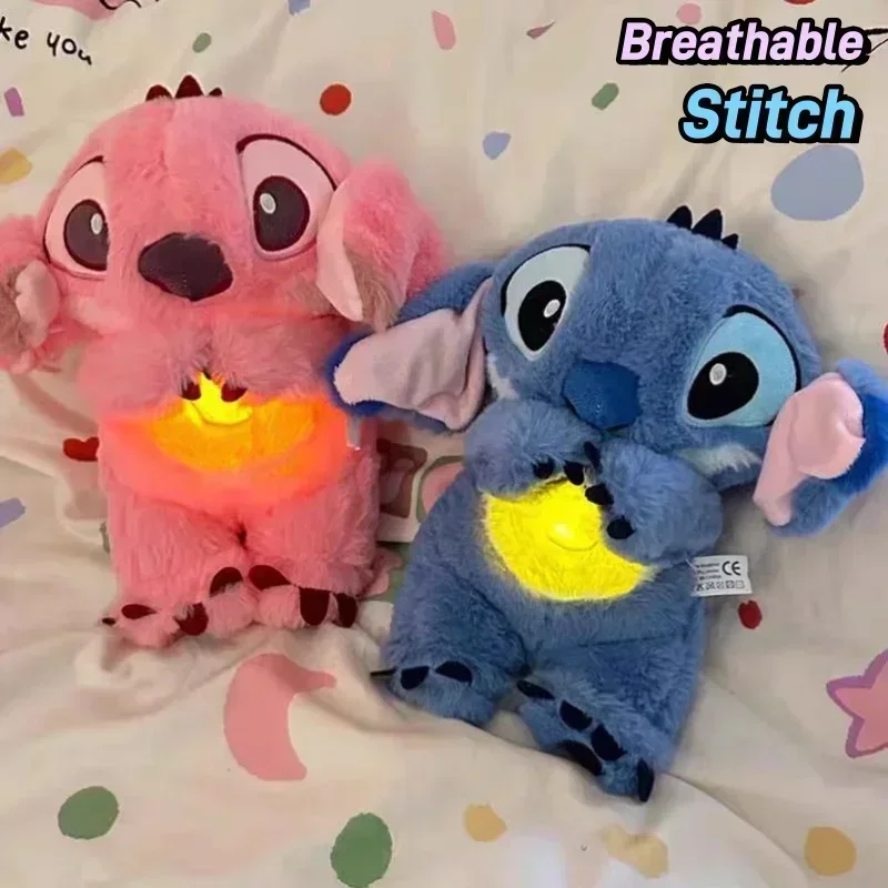 Disney Stitch Baby Breathing Bear Plush Soothing Otter Soothing Music Sleeping Companion Sound And Light Plush Toy Kids Gift