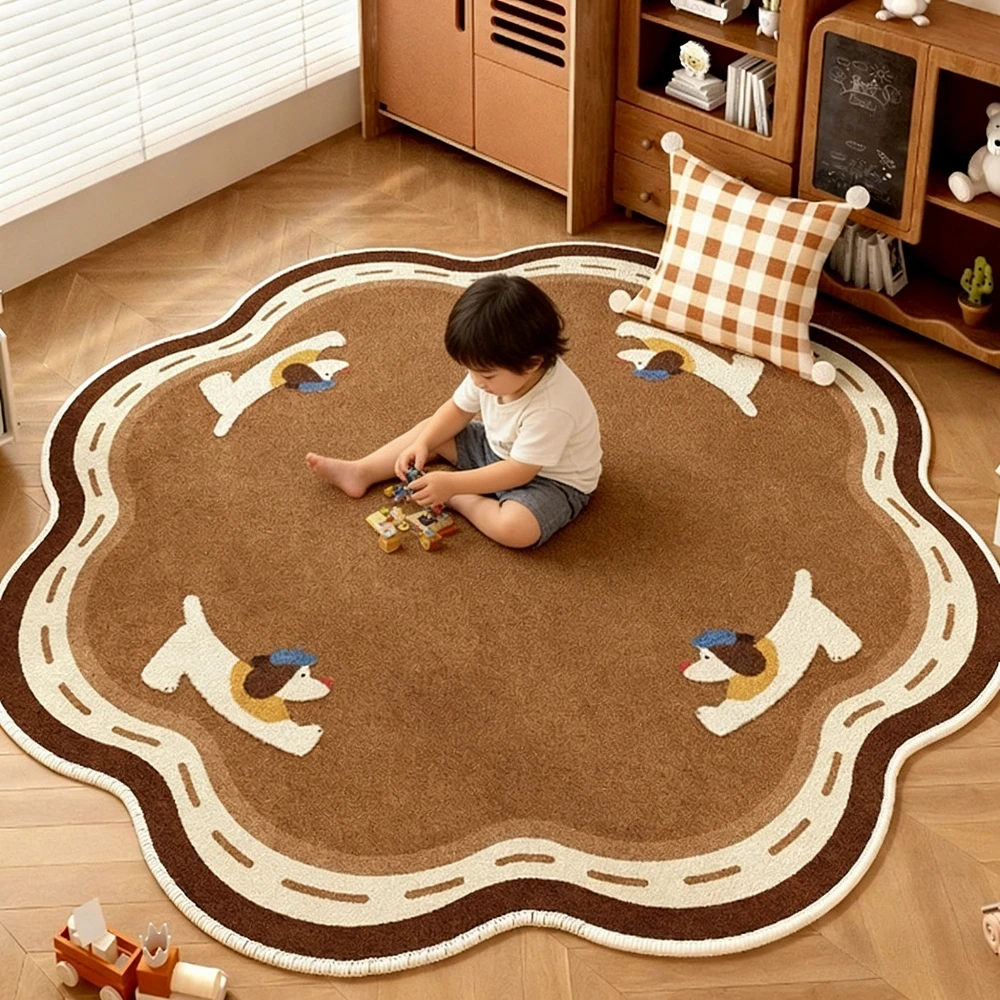 Round Carpet for Children's Reading Area Featuring Cartoon Dog,maroon Brown Polka Dots, Suitable for Bedroom Study, Sofa Mat