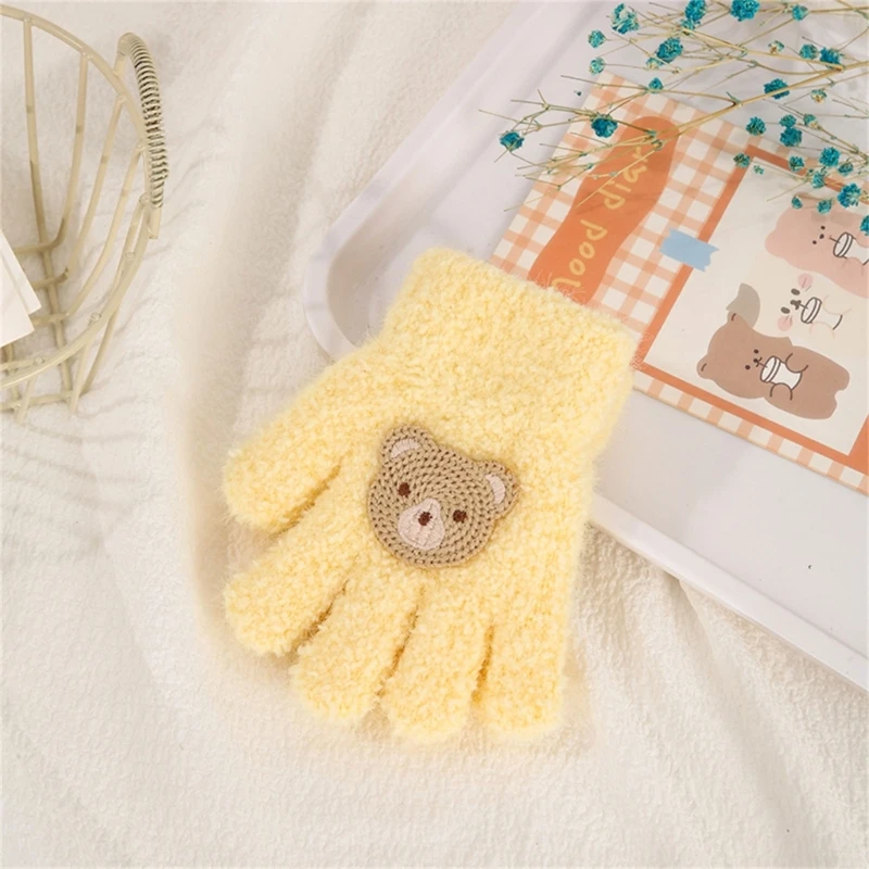 Y1UB Luvas malha laváveis ​​para crianças com urso para clima frio, acessórios inverno para meninos e meninas