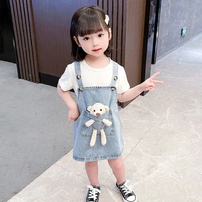 Summer girls dress set new baby short-sleeved T-shirt denim suspender skirt 2-piece children\'s clothes set