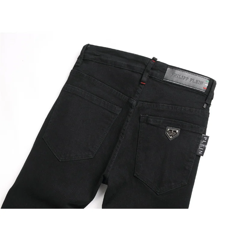 Street Style Black Skinny Stretch Jeans Men's Ripped Embroidery Red Printed Punk Party Skinny Trousers