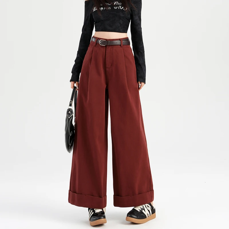 2024 Autumn New Style, French Straight-leg Dyed Jeans, Women's High-waisted Jeans with Red Hem and Slim and Wide Legs