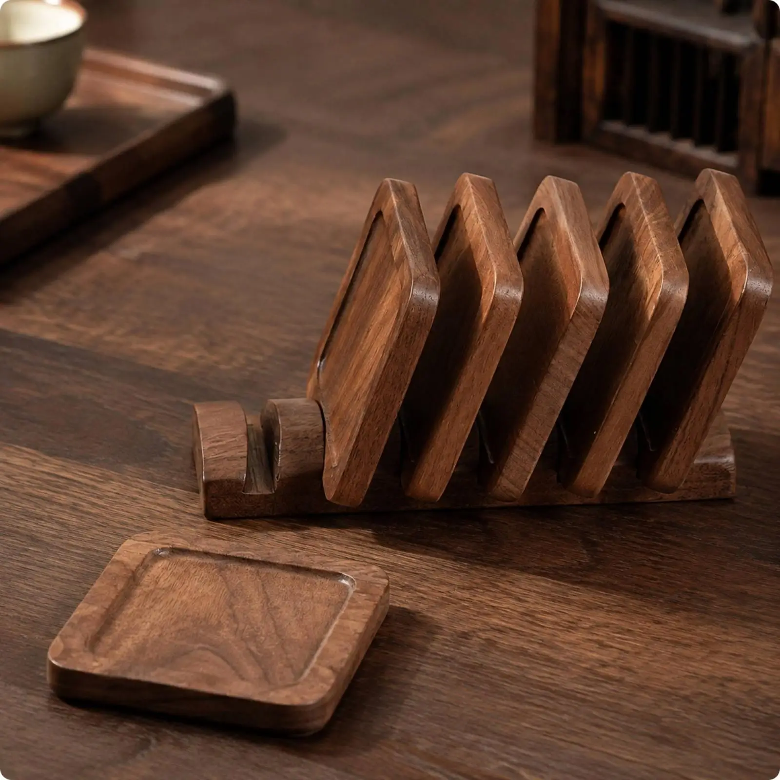 6 Pieces Walnut Wooden Square Tea Coasters Heat Resistant Wooden Coasters with Storage Holder Polished Coaster Set with Holder