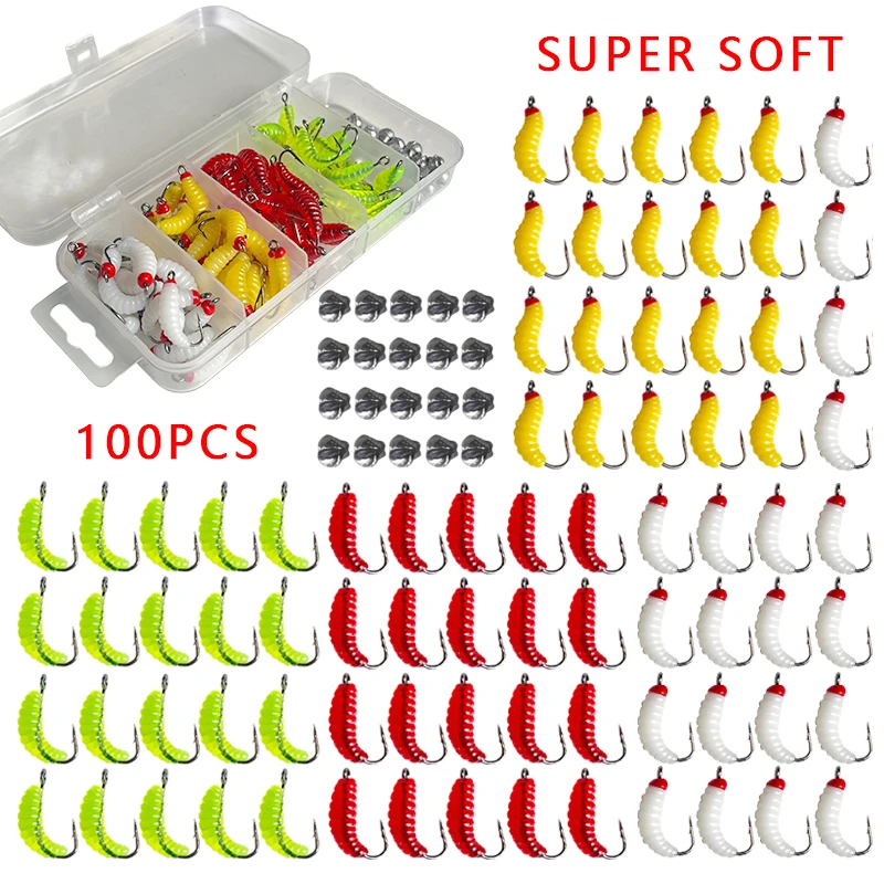 100 pçs/lote espiral cauda minhoca iscas macias com liple ganchos wobblers cheiro de camarão com sal silicone isca artificial pesca