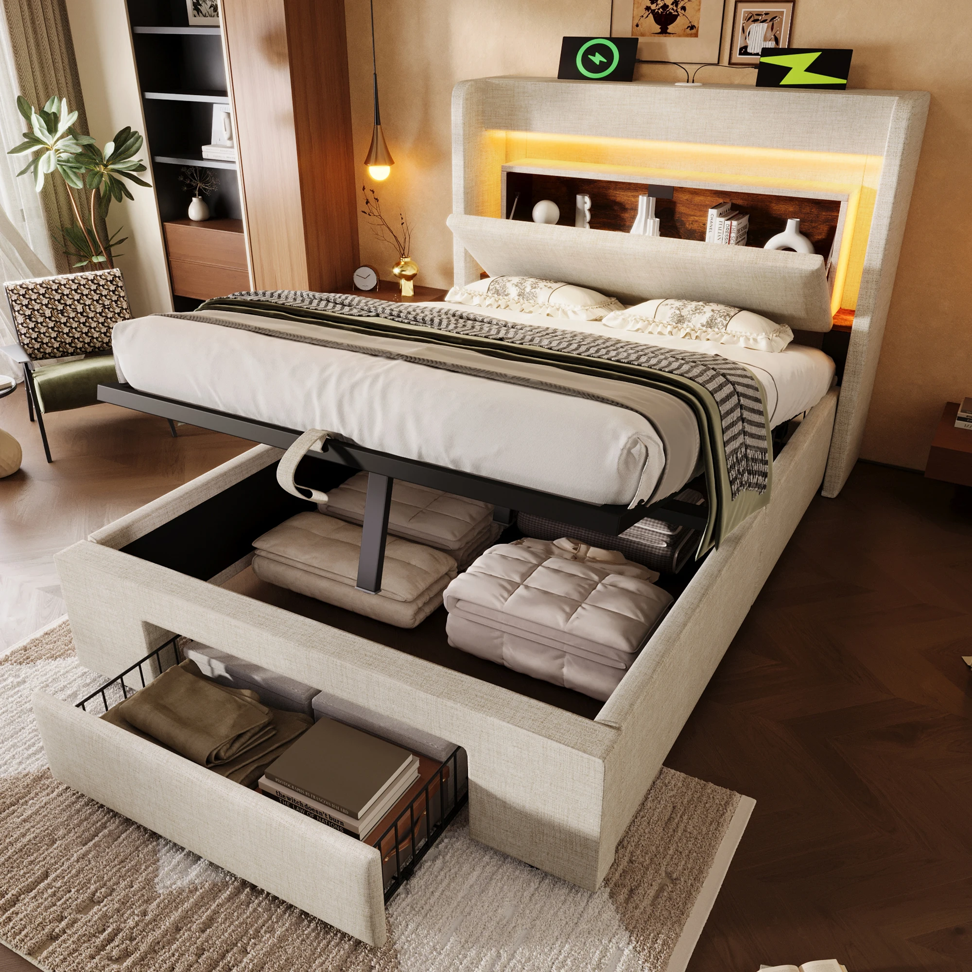 Lit coffre, lit simple, coffre, tiroir, USB, USB-C et LED réglable 90 × 200 cm, sans matelas, en lin beige