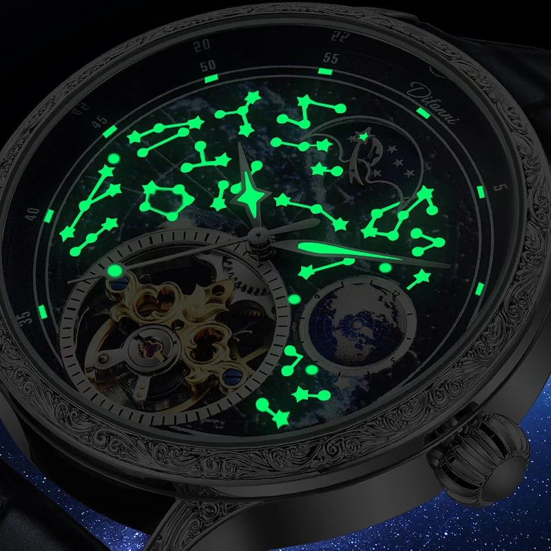 Starry Sky Luminous Vintage Tourbillon Mens Watch Top Brand Luxury Belt Watch Men Automatic Mechanical Skeleton Clock Reloj 2023