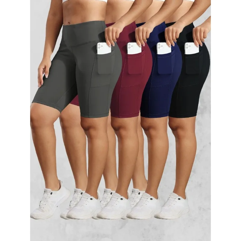 CHRLEISURE Women Solid Yoga Shorts with 3 Pockets High Waist Butt Lifting Workout Tights Gym Elastic Cycling Shorts Activewear
