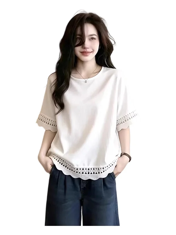Hollow out White Short Sleeve T-Shirt Women's plus Size Loose Belly Covering Top Korean Style Summer Commute Fashion