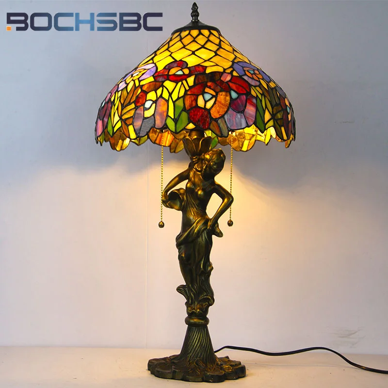

Винтажная Витражная лампа BOCHSBC Тиффани, простое стильное украшение, прикроватная лампа для гостевой комнаты, лампа для чтения и защиты глаз