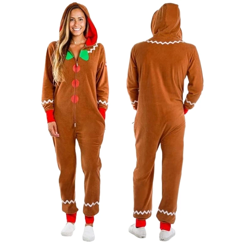 Gingerbread Man Costumes Family Hooded Jumpsuit Christmas Outfits Kids Brown Homeware Gingerbread Costume Pajamas Cosplay Onesie