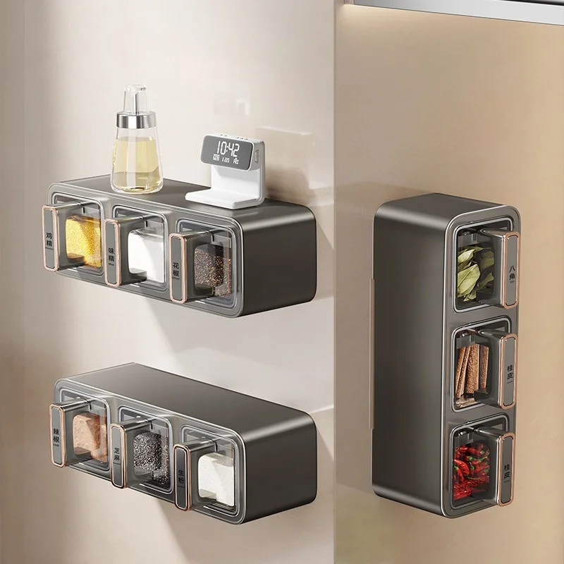 Wall Mounted Seasoning Box Kitchen Salt Msg Condiment Storage Box Household Wall Hanging Spice Jar Set Seasoning Box Spice Rack