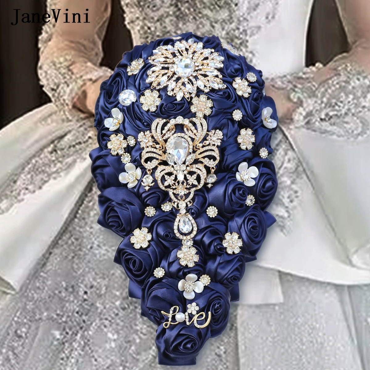 JaneVini, cristales de lujo, cascada, ramos de novia, rosas artificiales de satén azul marino, ramo de flores en cascada para boda para novia