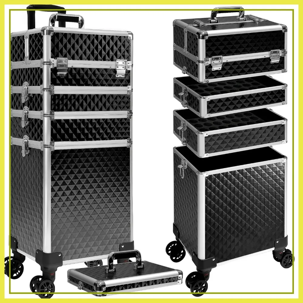 

5-in-1 Rolling Makeup Train Case, Large Cosmetic Trolley with Wheels for Salon, Barber, Hairstylist, Black