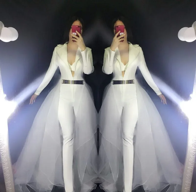 Nightclub Prom Costume Female singer dancer Jazz DJ DS performance Jumpsuit Bar Party show stage outfit white sexy slim rompers