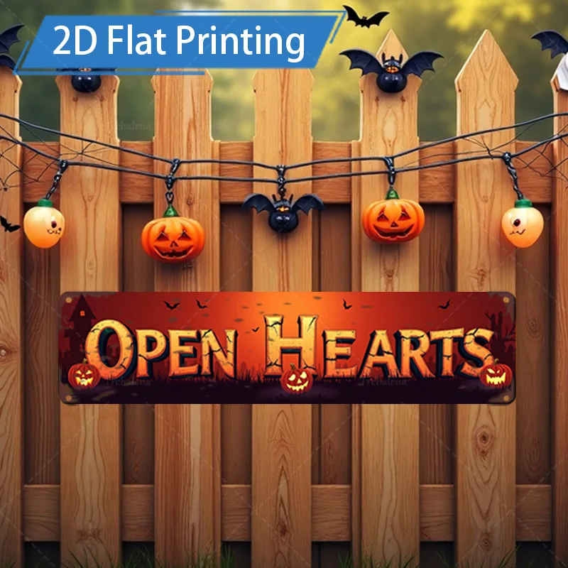 

1pc Metal Sign, 4x16inch Halloween Open Hearts Sign, 2D Flat Printing, Festive Pumpkin & Bat Decor
