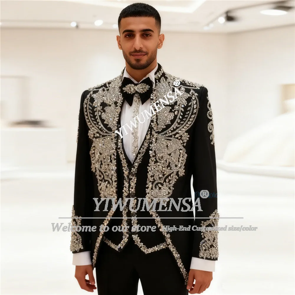 

Brilliant Diamond Beads Stones Suits Men For Weding 3 Pieces Sets Single Breasted Prom Blazers Customized Groom Tuxedos Outfits