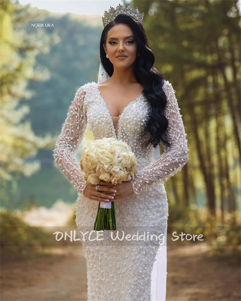 Glitter ชุดแต่งงาน 2024 ที่ถอดออกได้รถไฟ Veil ชุดเจ้าสาวแขนยาว Robe ไข่มุกลูกปัดคริสตัล Vestidos ที่กําหนดเอง