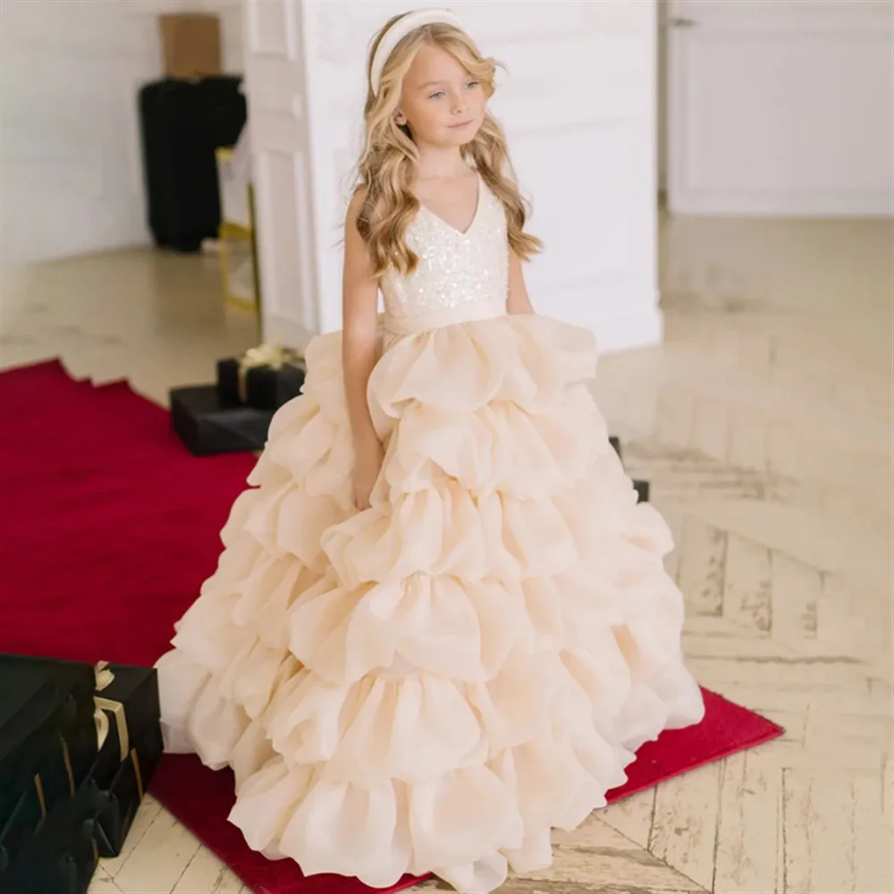 

Customized Luxury Glitter Flower Girl Dress For Wedding Sleeveless Puffy Sequins Tiered Princess Birthday Party Performance Gown