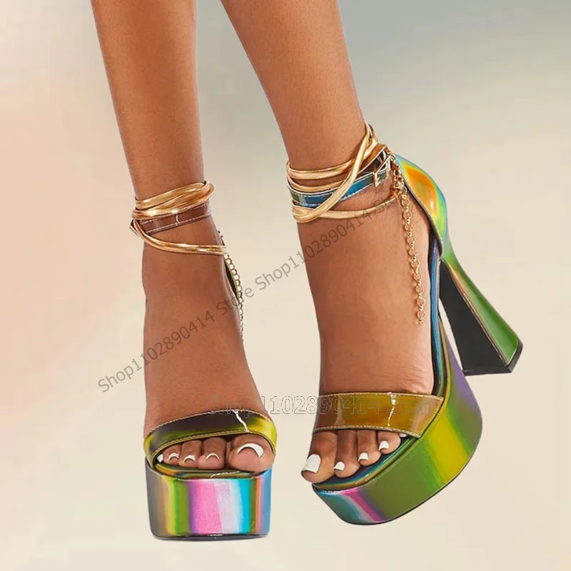 

Rainbow Color Patent Leather Platform Sandals Ankle Buckle Strap Women Shoes Chunky High Heels Open Toe 2025 Zapatos Para Mujere