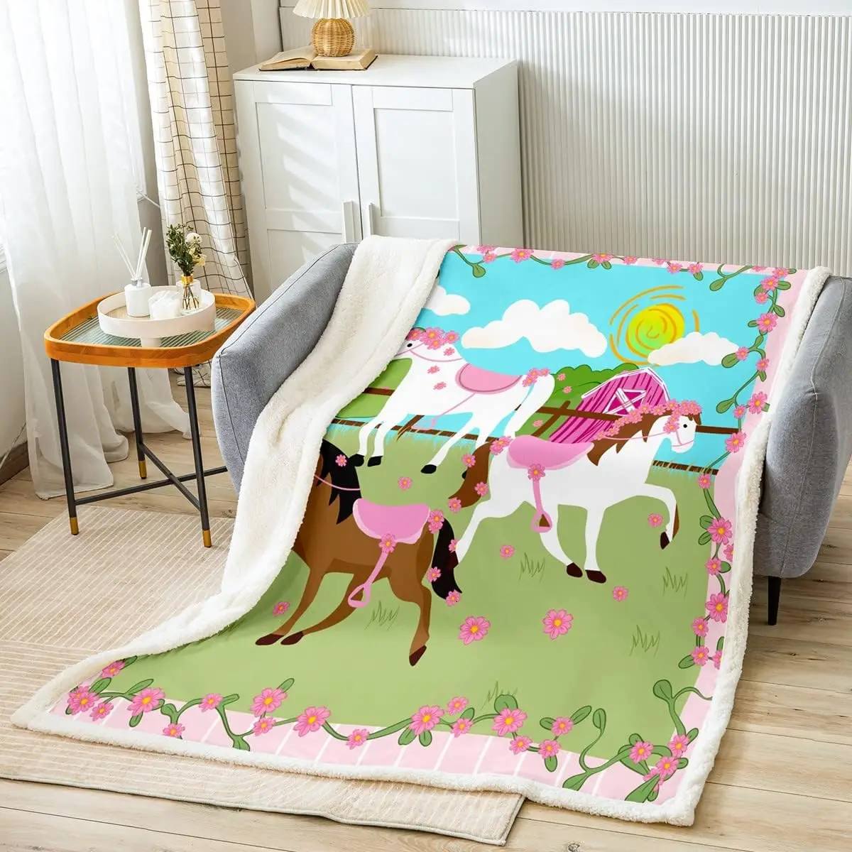 Cartoon Horse Sherpa Blanket Galloping Horse Plush Blanket Cute Animal Floral Decor Fleece Throw Blanket for Adults