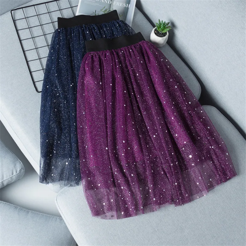 Girls Skirt Spring/Summer Fashion Kids Starry Sky Sequins Long Skirt Purple/Navy For Children 4 6 8 10 12 14 Year Wear