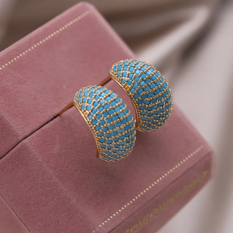 Korean new design fashion jewelry 14K gold plated C-shaped water drop blue zircon earrings elegant women's daily accessories